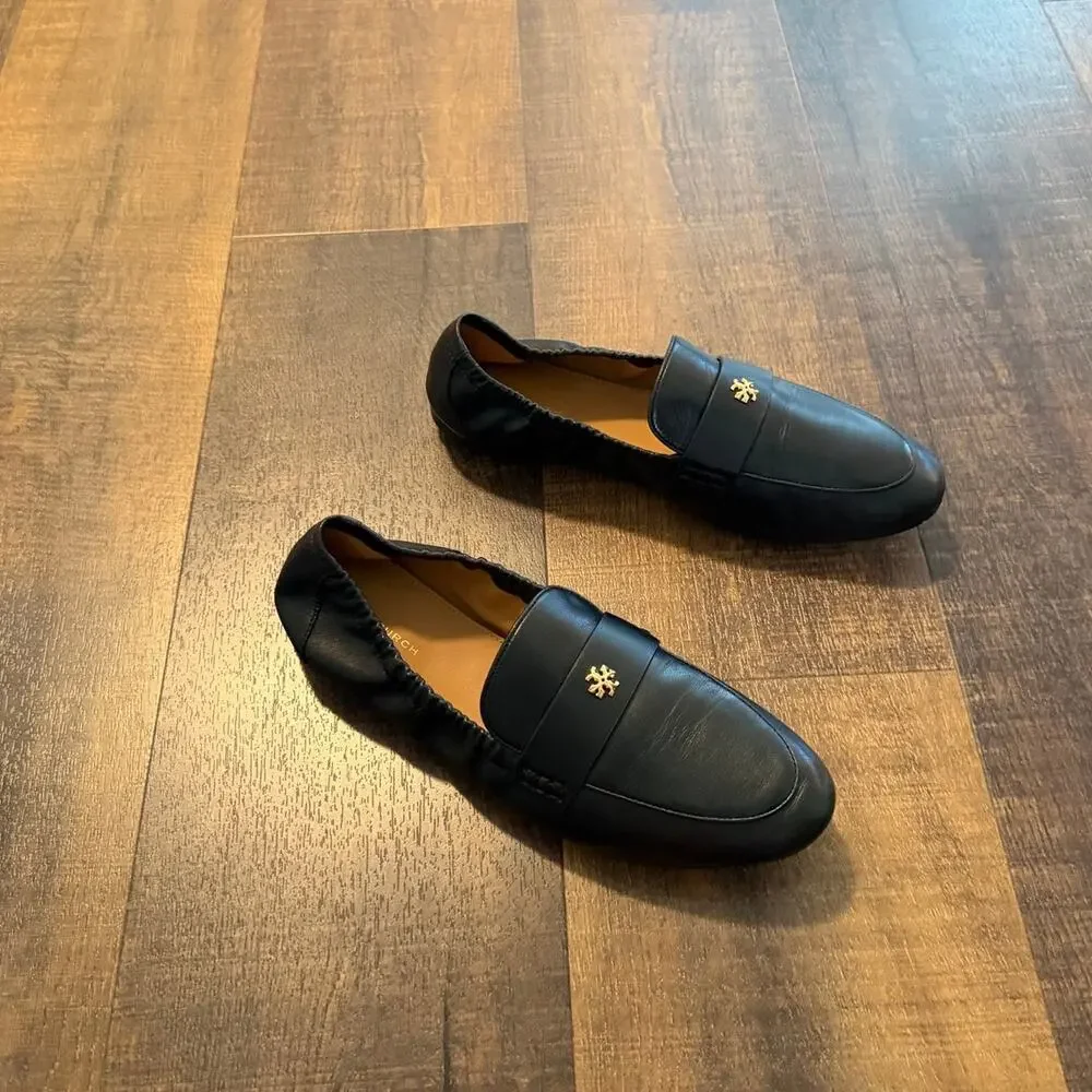 Tory Burch Black Leather Loafers Women's 7.5M Gold Logo Flats